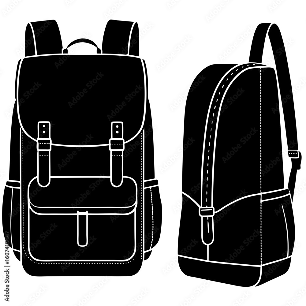 Fototapeta premium A black silhouette of a vintage backpack shown from the front and side