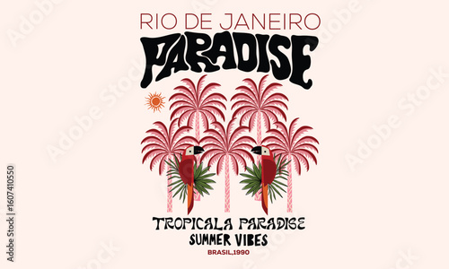 Macaw paradise artwork. Tropical vibes t shirt artwork. Palm tree artwork. Tropical paradise. Copacabana beach art. Summer vibes artwork.