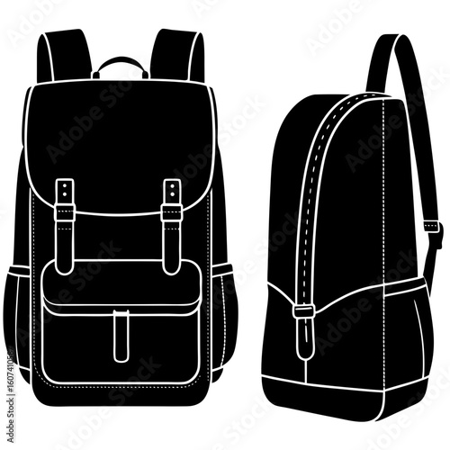 A black silhouette of a vintage backpack shown from the front and side