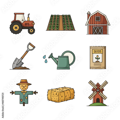 Farm icons cultivation tractor barn seeds watering can scarecrow hay bale