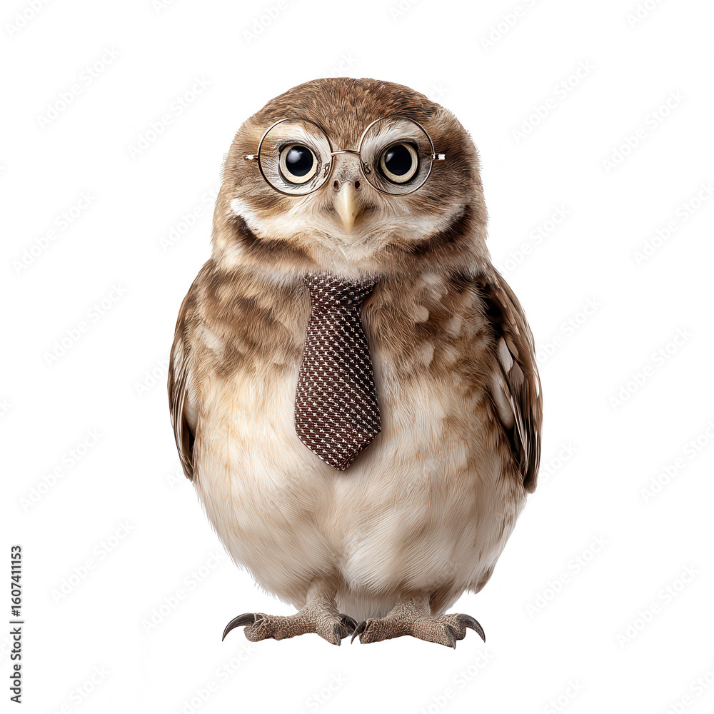 Naklejka premium Owl in Tie and Glasses Isolated on White Background