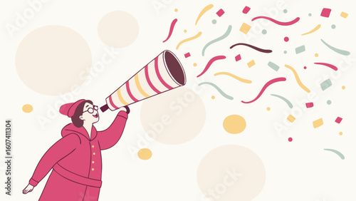 Woman with megaphone celebrating event promotion announcement and party with confetti and happy expression