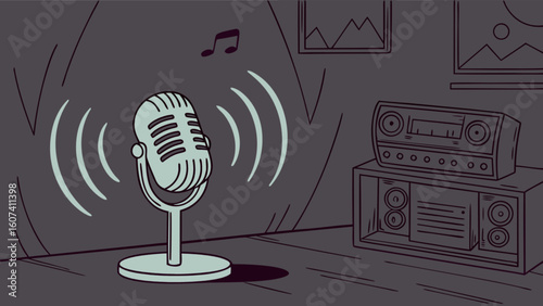 Vintage microphone podcast studio setup for radio broadcasting and voice recording professional equipment audio gear