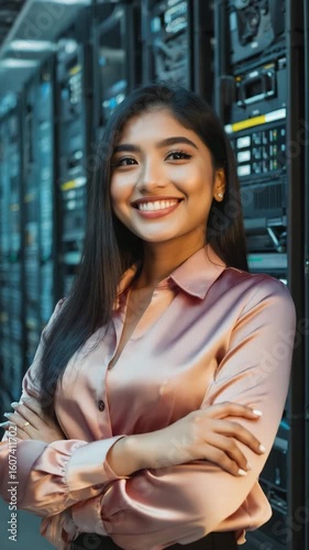 A smiling woman confidently posing in a server room