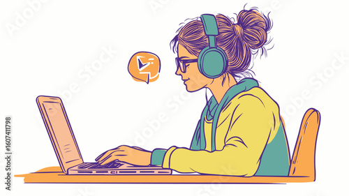 Focused Businesswoman Using Laptop with Headphones in Office Workspace