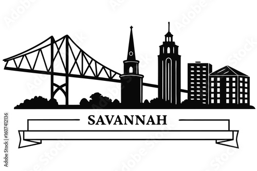 Black and white vector silhouette of savannah skyline with bridge and buildings architecture