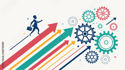 Business growth strategy and success concept with businessman climbing up arrow chart and gears vector