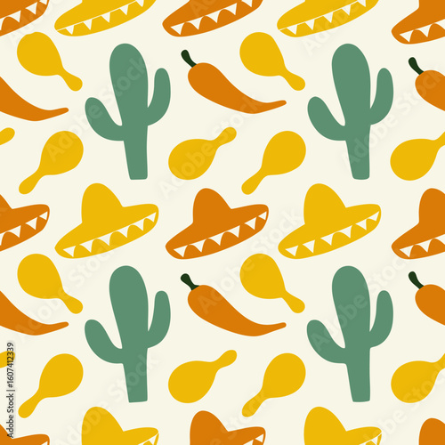 Playful Mexican Fiesta Seamless Pattern With Cactus Sombreros And Maracas Design