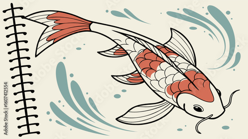 Koi fish drawing illustration art japanese style oriental design red and white fish swimming in water sketch