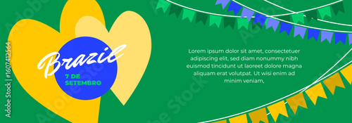 Brazil Independence Day horizontal poster, banner template. Festive design with hearts and decorations for September 7th. Latin American holiday. Layout concept for web, print, social media.