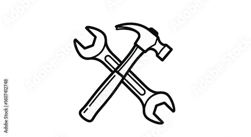Simple black and white line art icon featuring a crossed hammer and wrench, representing labor, work, and industry. Ideal for Labor Day designs.