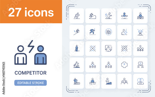 Blue and white competitor icons set with lightning bolt symbol icon set competition