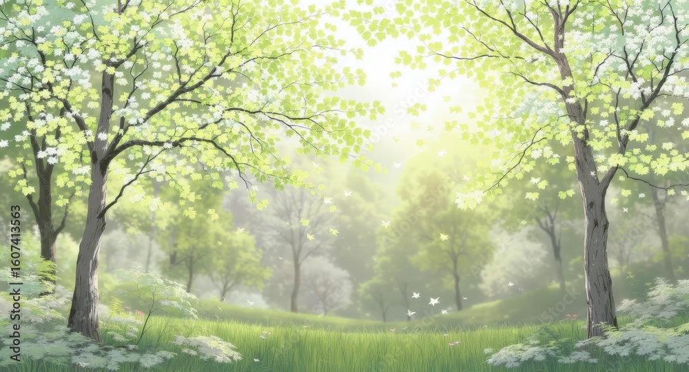 Serene forest scene with trees and gentle sunlight Serene forest scene with trees and gentle sunlight
