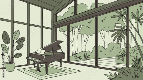 Illustration of light filled living room with grand piano and garden view for interior design blog