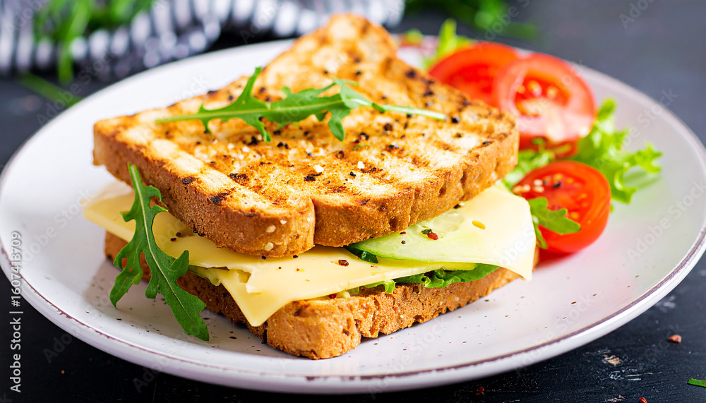 Delicious grilled toast with cheese, ham and fresh vegetables. Healthy breakfast. Tasty fast food Delicious grilled toast with cheese, ham and fresh vegetables. Healthy breakfast. Tasty fast food