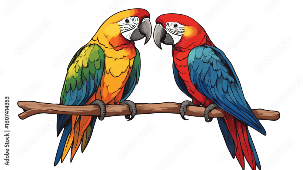 Fototapeta premium Two Parrots Sitting on Branch with One Hold - Colorful Tropical Birds Image in Nature