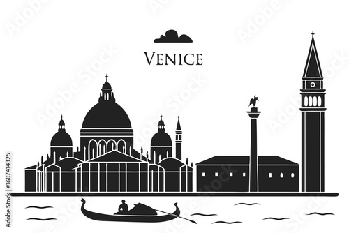 Black silhouette of venetian architecture with gondola venice skyline