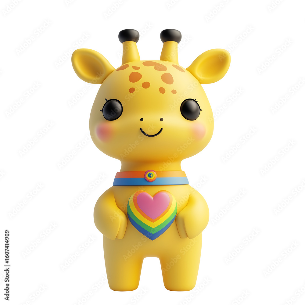 Naklejka premium A cheerful cartoon giraffe with a rainbow heart, embodying joy and inclusivity. Isolated on transparent white background, png 