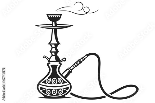 Black vector illustration of a decorative hookah with smoke shisha water pipe