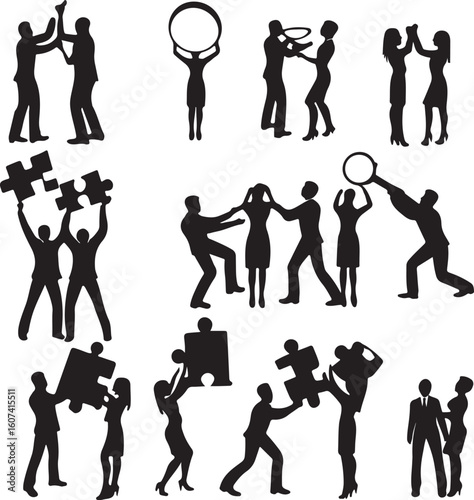 Diverse business team collaborating effectively working together on a project depicted as a cohesive silhouette against a plain background