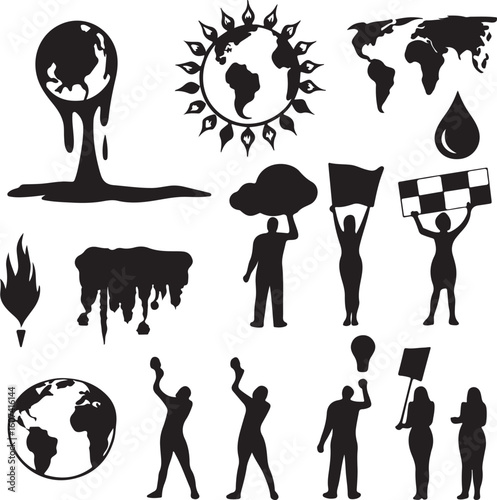 Global climate change awareness icon featuring a stylized earth silhouette with environmental elements symbolizing ecological responsibility and planet protection efforts