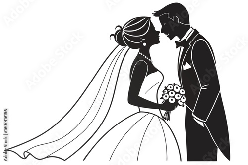 Bride and groom embracing silhouette with bouquet and veil wedding embrace