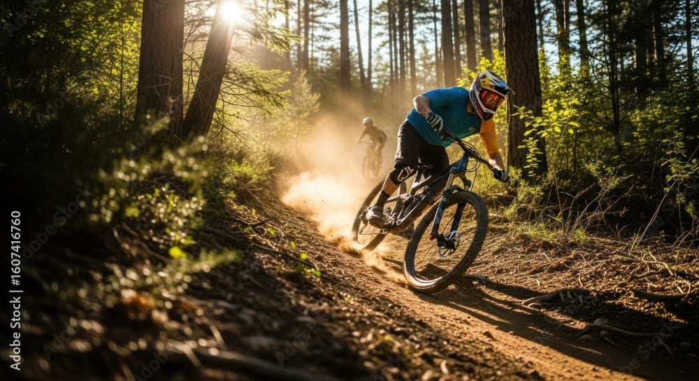 Naklejka premium Mountain biker speeds down dusty trail, sun flares through trees, action shot