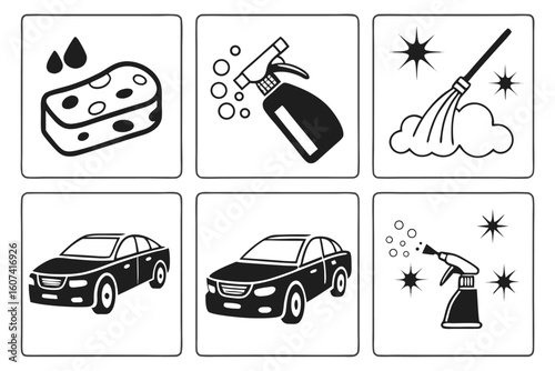 Car wash cleaning supplies and vehicles sponge water drops