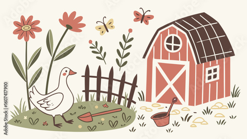 Illustration of farm with barn goose flowers butterflies and fence vector art for kids and children