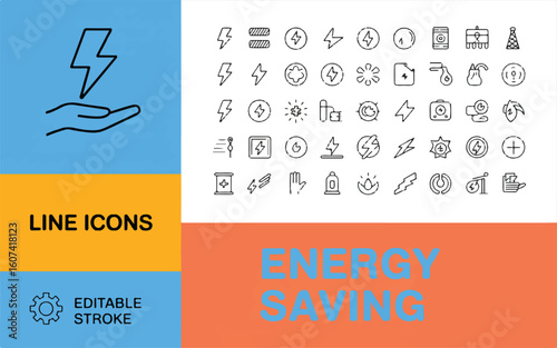 Hand holding lightning bolt icon with energy saving symbols and text electricity