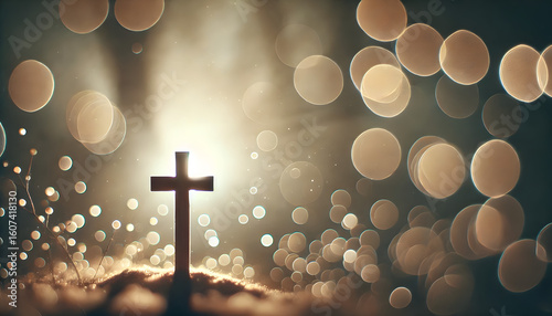 A serene bokeh effect featuring a wooden cross as the focal point