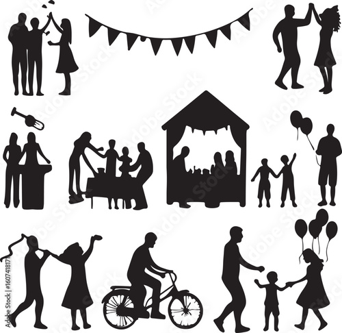 Vibrant neighborhood block party celebration with diverse people enjoying outdoor activities and community spirit depicted in a striking silhouette style