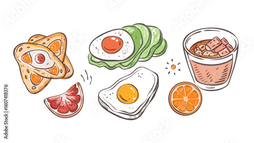 Delicious breakfast food illustration with toast eggs and fruit for healthy eating and morning meal ideas
