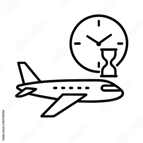 Airplane with clock and hourglass symbolizing flight delay  