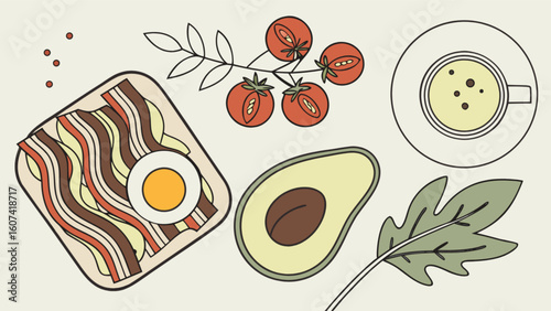 Delicious healthy breakfast food illustration with bacon egg avocado and coffee for diet plan design