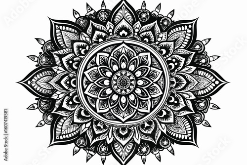 Intricate black and white floral mandala design for coloring or decoration