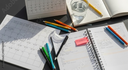 Planning Session: Calendar, Notebook, Pens, and Water Glass on Desk