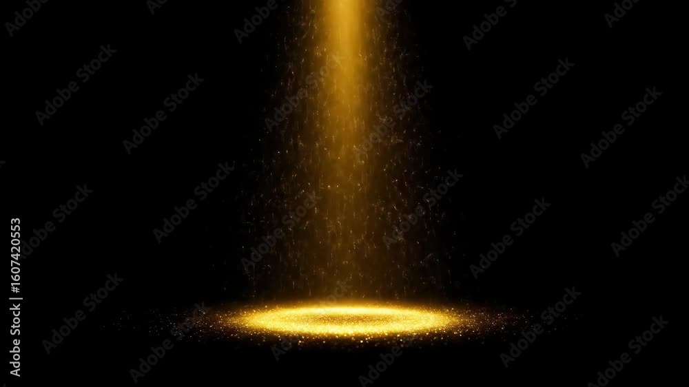 Golden Light Beam and Glitter - A spotlight shines from above, illuminating a circle of golden glitter on a dark surface. Golden Light Beam and Glitter - A spotlight shines from above, illuminating a circle of golden glitter on a dark surface.