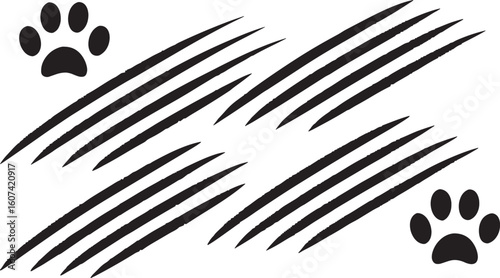Black ink paw prints and claw marks scratch animal