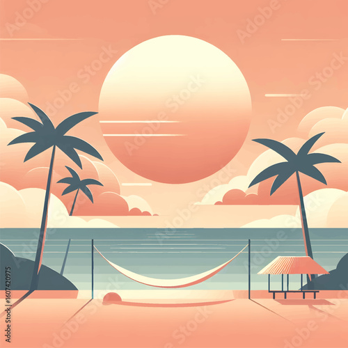 Minimalist Beach Scene with Hammock Between Palm Trees at Sunset