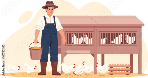 Farmer tending to his chickens in a coop, feeding them grain from a bucket.