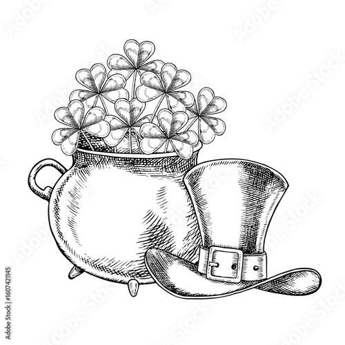 Cast-iron pot with a shamrock and a leprechaun hat for St. Patrick s Day. Vector, black-and-white graphic illustration. For greeting cards, banners and flyers, packaging, invitations, holiday decor.