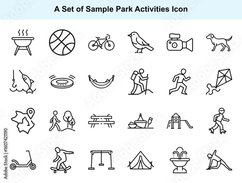 Black line art icons illustrate park activities and equipment