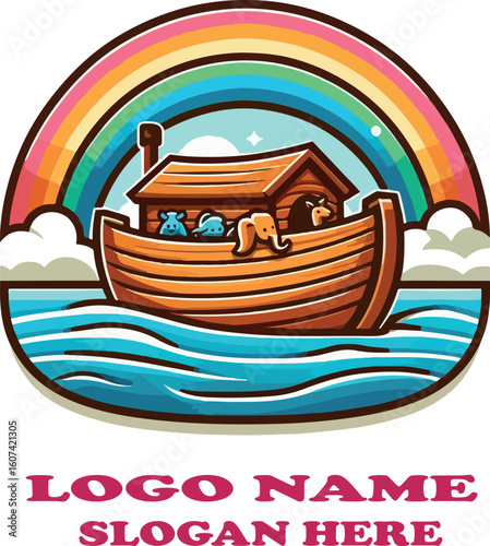 Playful Noah's Ark Vector Colorful Arca de Noe Illustration with Animals, Rainbow, and Waves on White Background .