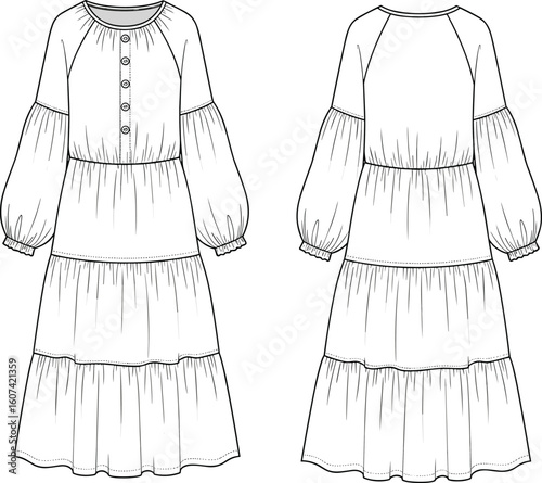 Women’s tiered dress technical sketch front and back views, puff sleeves with elastic cuffs, gathered round neckline, button-front placket, flared silhouette, fashion flat illustration