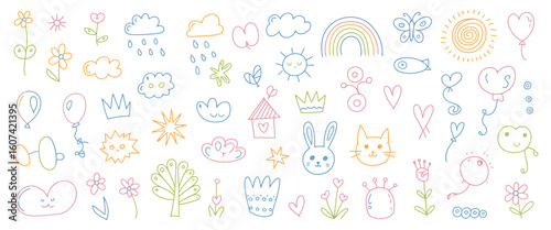 Childlike Doodle Vector Set, Scribble Flowers, Hearts, Clouds with Rainbow Background, Hand-Drawn Sketch Style Perfect for Children’s Artwork and Fun Illustrations