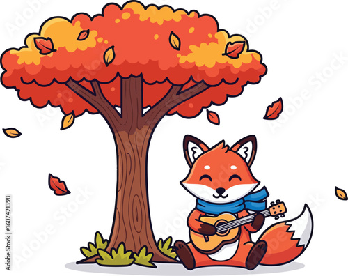 A charming cartoon fox wearing a scarf plays the guitar happily under a vibrant autumn tree with falling leaves
