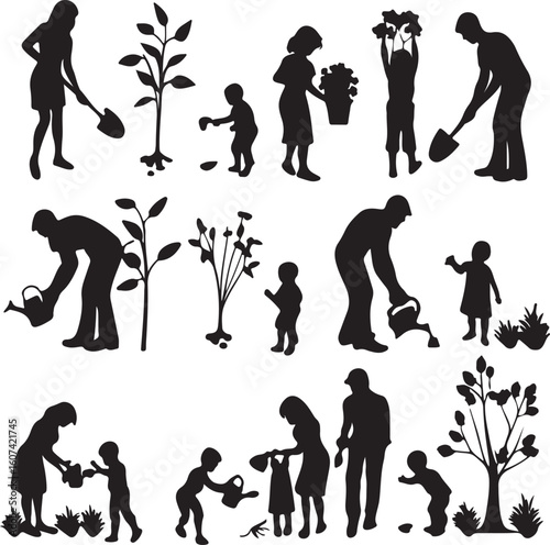 Vibrant community garden illustration featuring diverse people tending to plants in a silhouette style symbolizing growth and togetherness