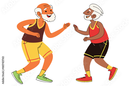 Cheerful elderly men exercising together cartoon active seniors