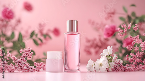 Still life of pink perfume bottle and cream jar with floral decorations